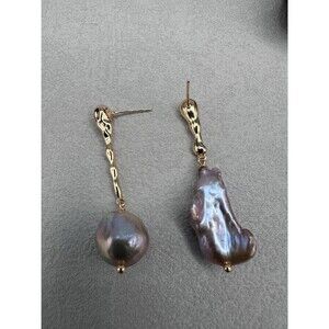 Long Asymmetrical Gray Edison Keshi Pearl Earrings Gold Plated Baroque